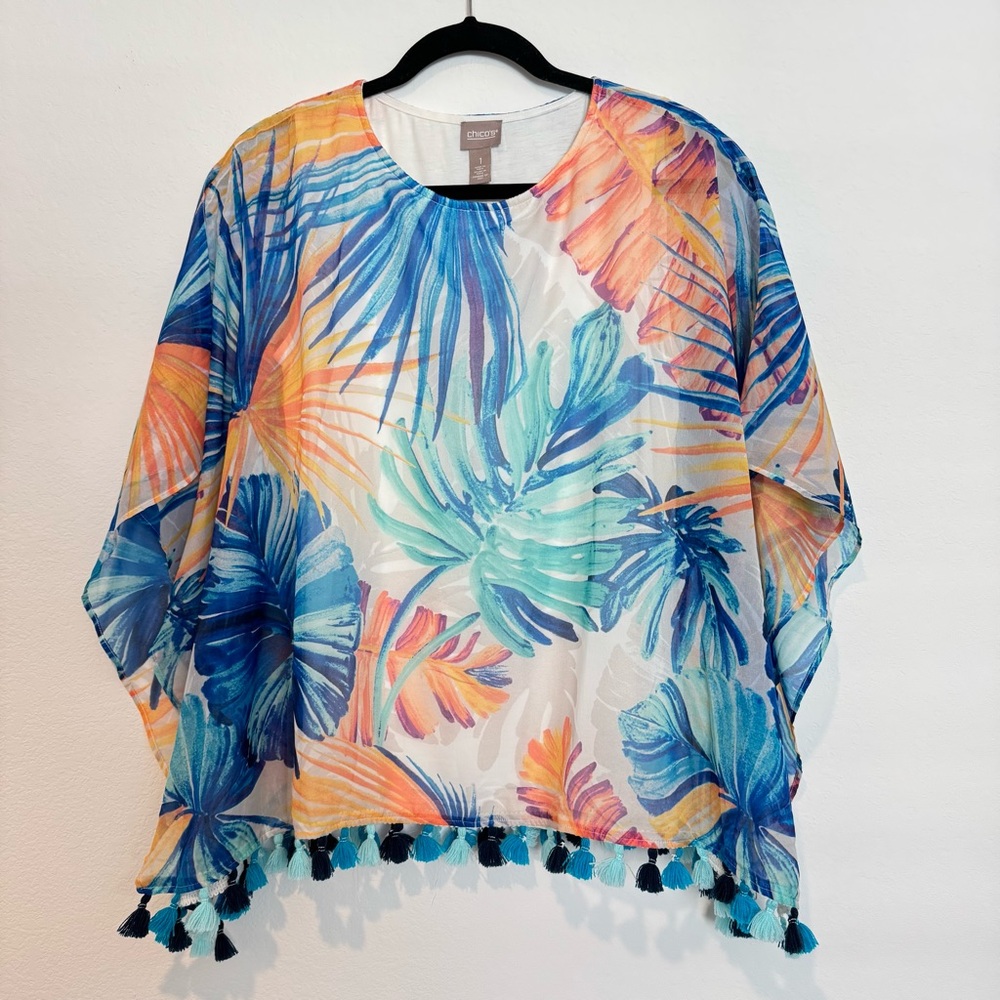 Chicos Tropical Palm Tassel Multicolor Tank Kaftan Top - Picture 2 of 9